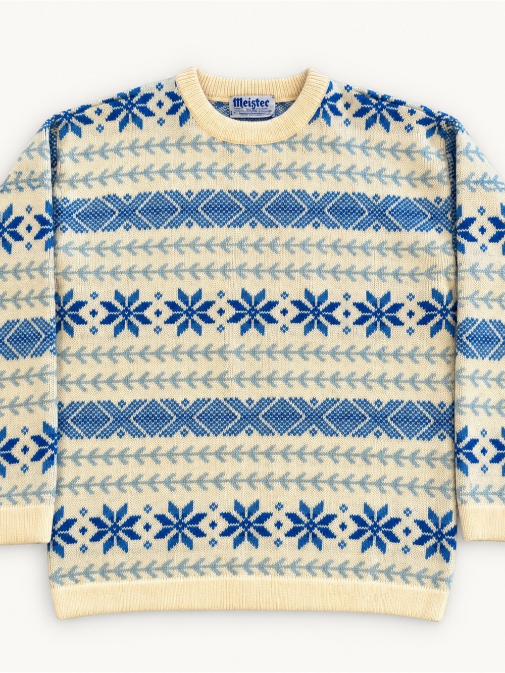 Vintage Meister 100% Wool Fair Isle Nordic Sweater Blue Cream Hong Kong